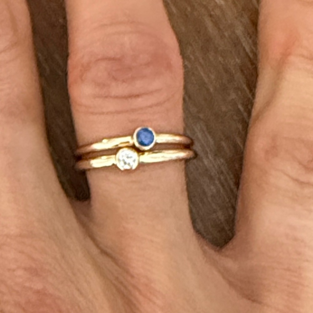Set of 2 Gold Stacking Ring Set with sapphire and diamond 14k gold bands